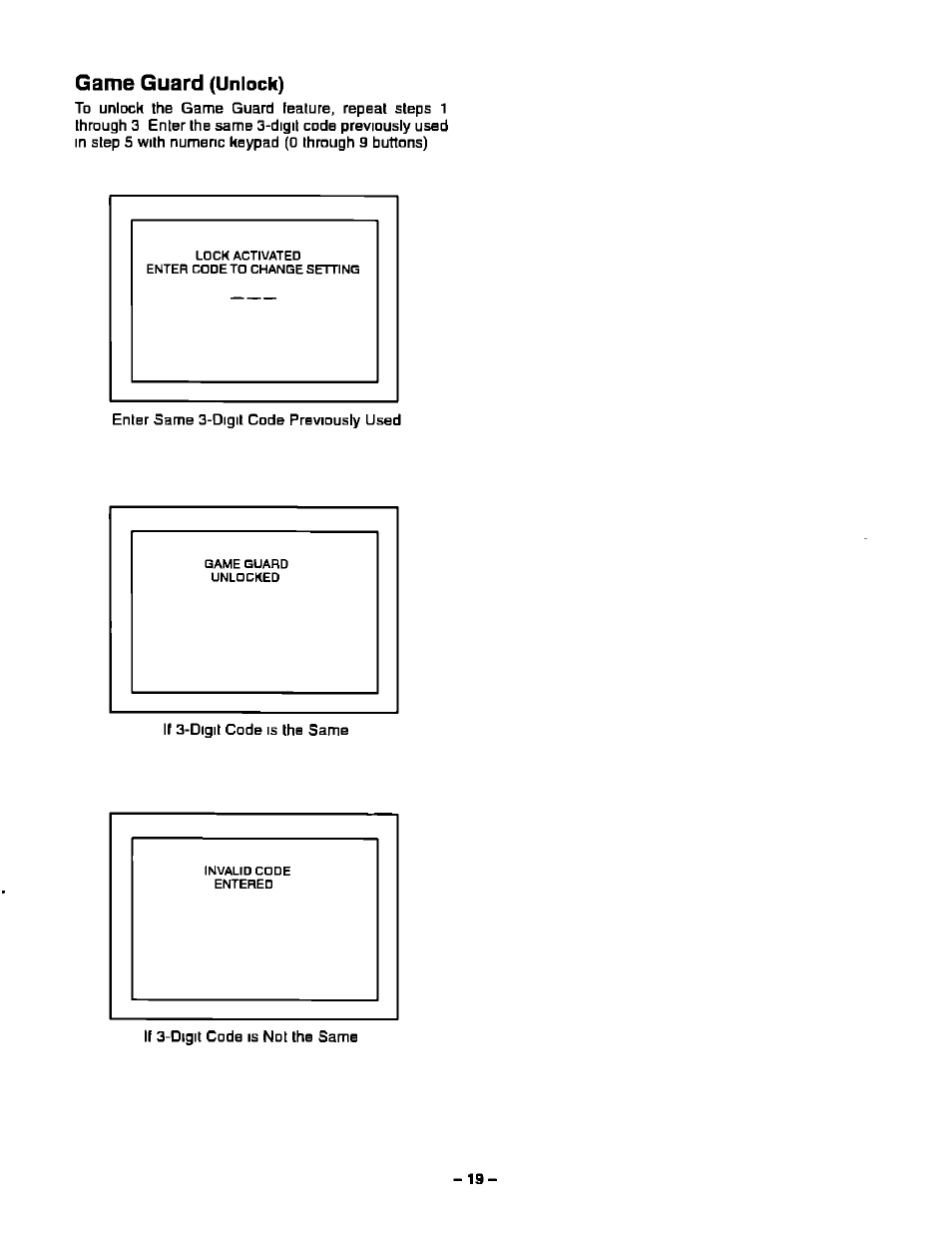 Game guard (unlock), Game guard (lockout), Game guard | Unlock) | Panasonic CT-27S20 User Manual | Page 19 / 40
