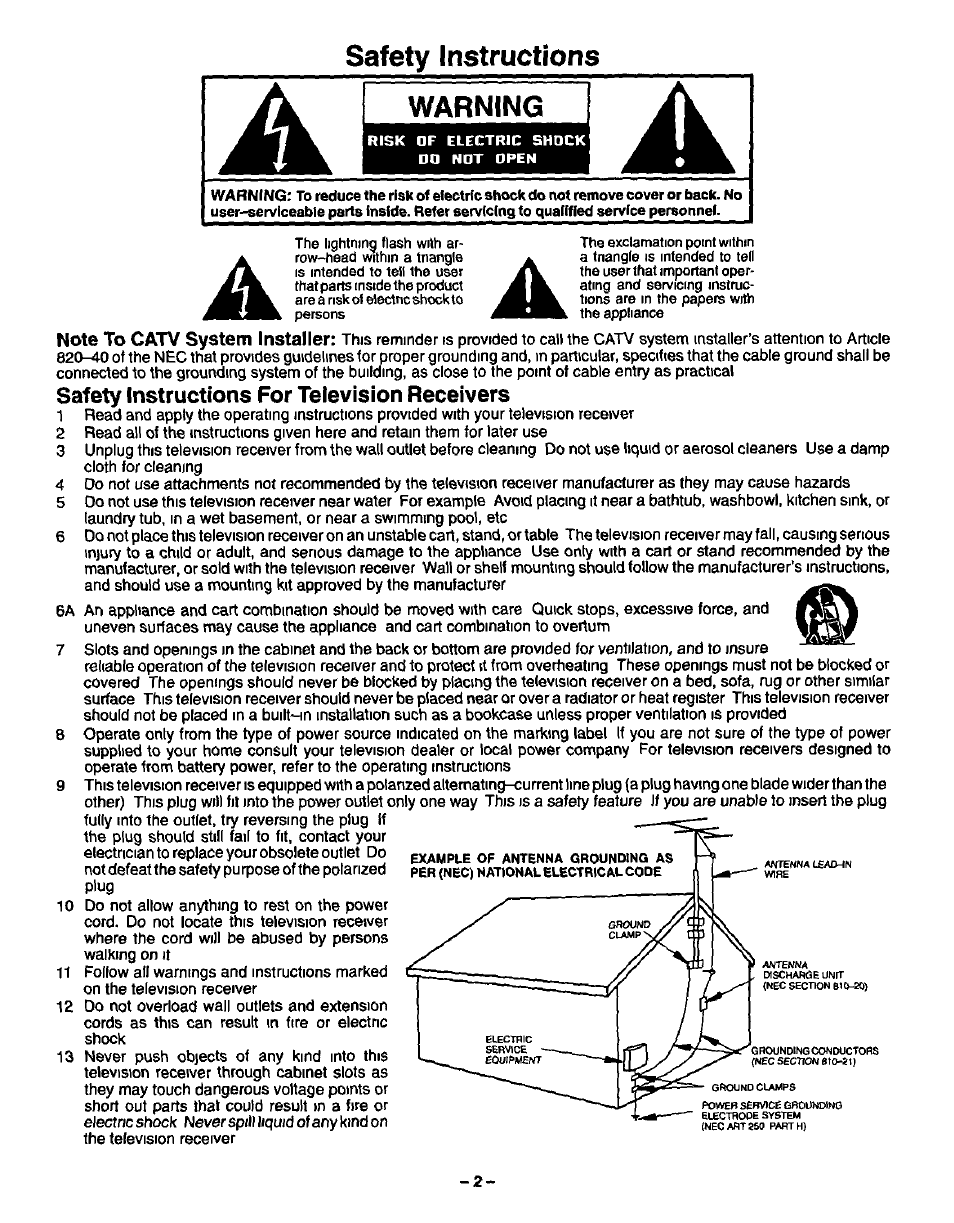 Safety instructions, Warning, Safety instructions for television receivers | Panasonic CT-27S20 User Manual | Page 2 / 40