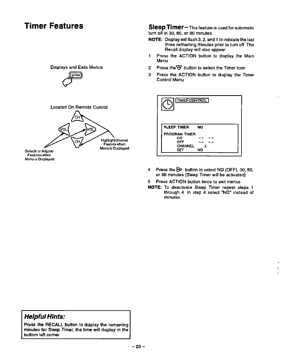 Helpful hints, Sleep timer | Panasonic CT-27S20 User Manual | Page 20 / 40