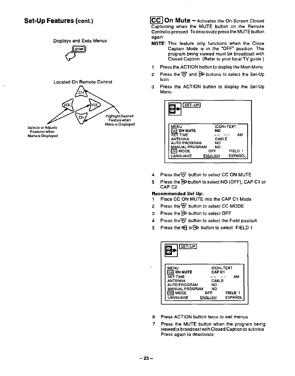Cont.), Set-up features, Cc |on mute | Panasonic CT-27S20 User Manual | Page 23 / 40