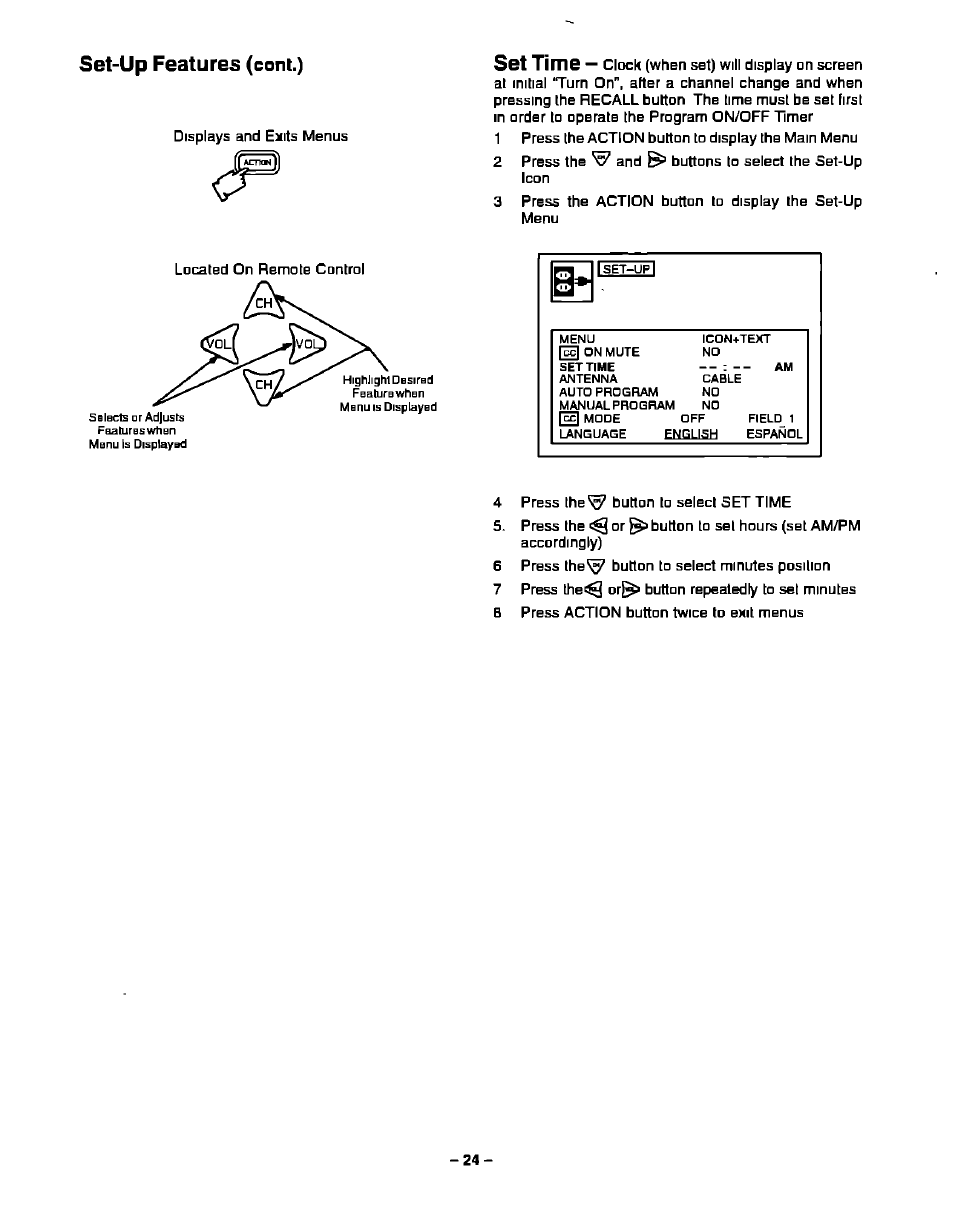 Cont.), Set-up features, Set time | Panasonic CT-27S20 User Manual | Page 24 / 40