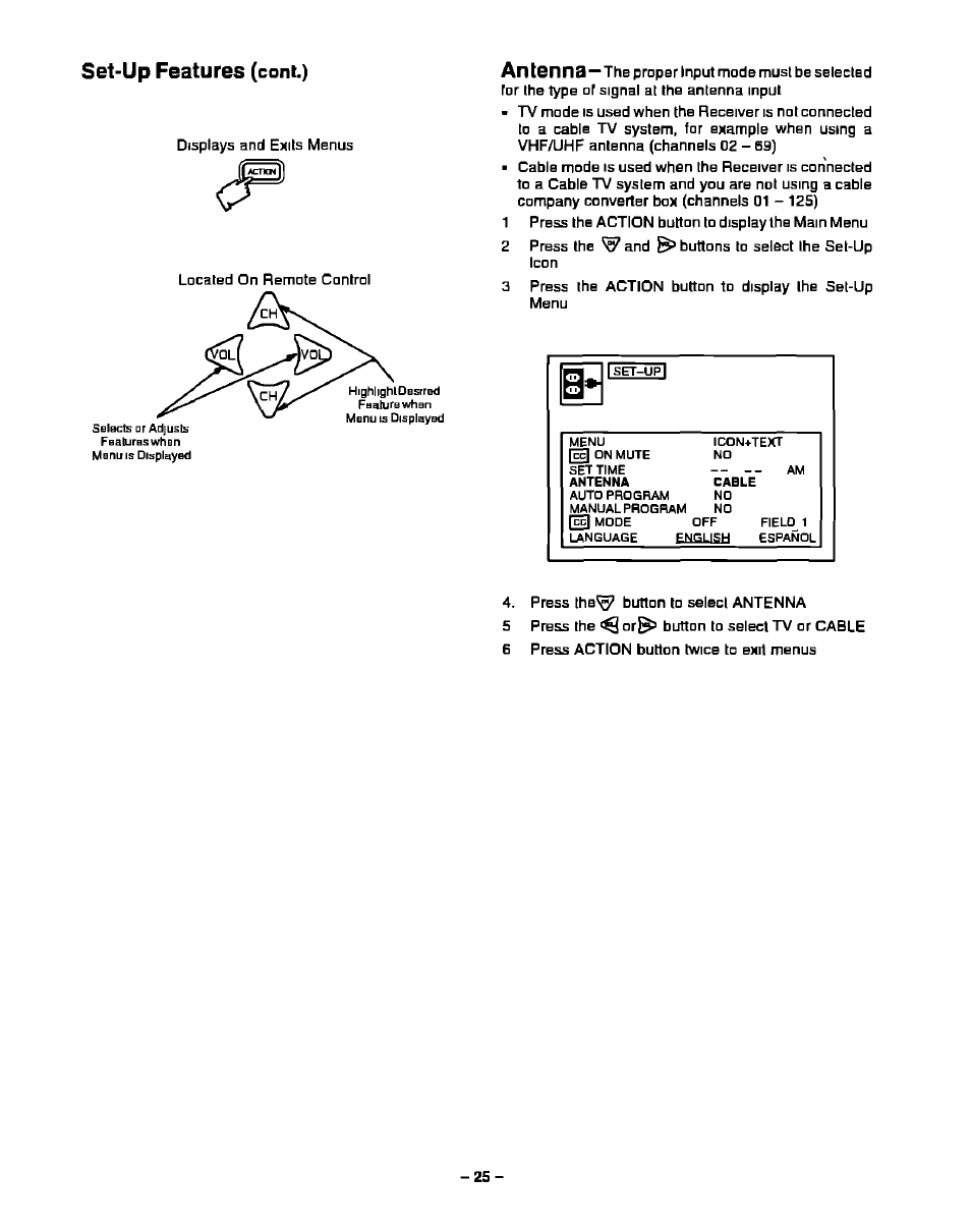 Cont.), Set-up features | Panasonic CT-27S20 User Manual | Page 25 / 40