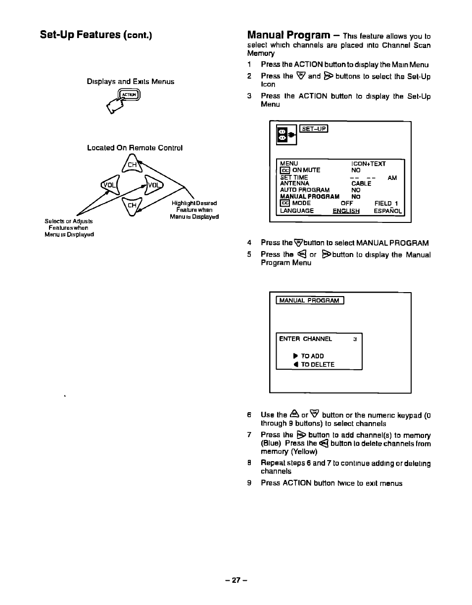 Cont.), Set-up features, Manual program | Panasonic CT-27S20 User Manual | Page 27 / 40