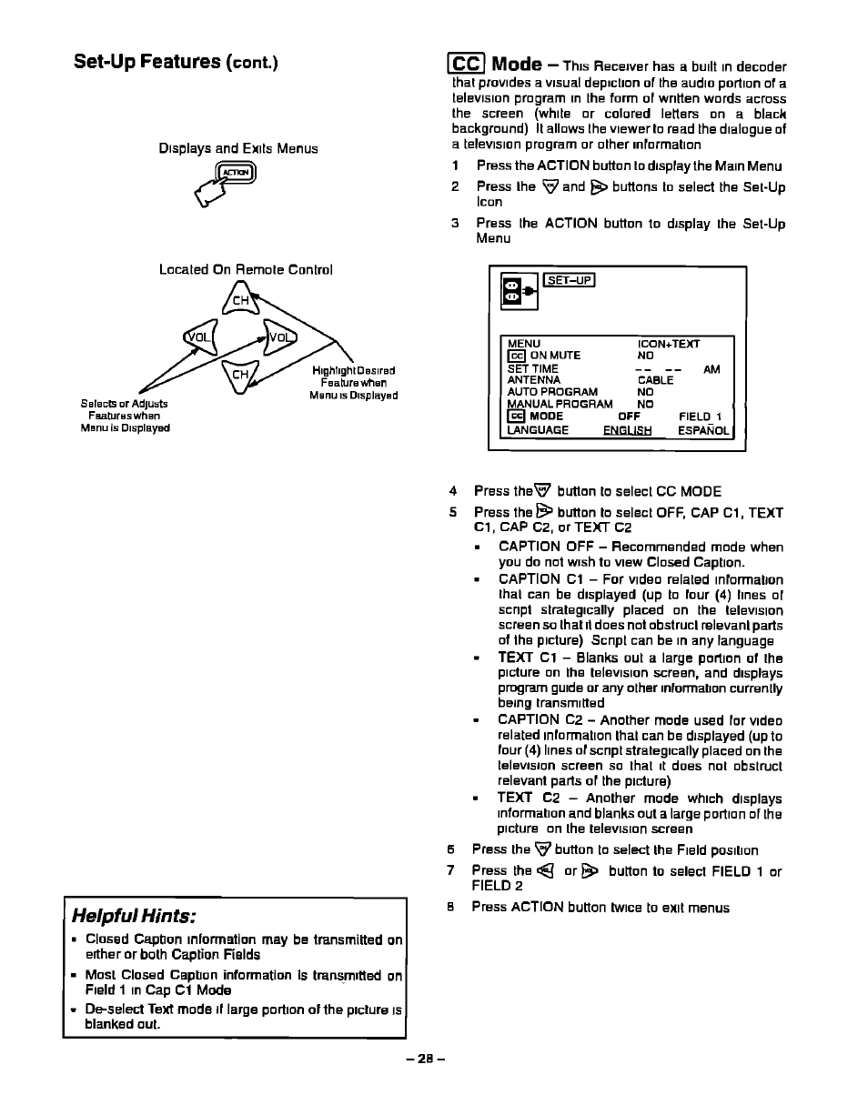 Cont.), Set-up features, Helpful hints | Ccl mode | Panasonic CT-27S20 User Manual | Page 28 / 40