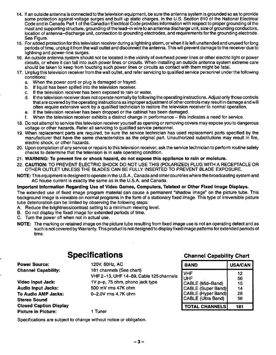 Specifications | Panasonic CT-27S20 User Manual | Page 3 / 40