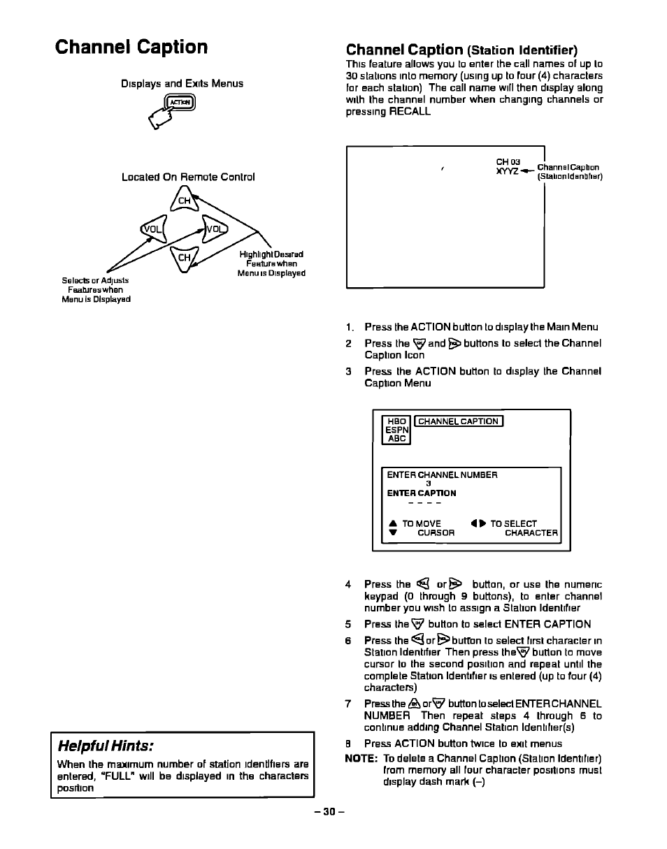 Channel caption (station identifier), Heipful hints, Channel caption | Station identifier) | Panasonic CT-27S20 User Manual | Page 30 / 40