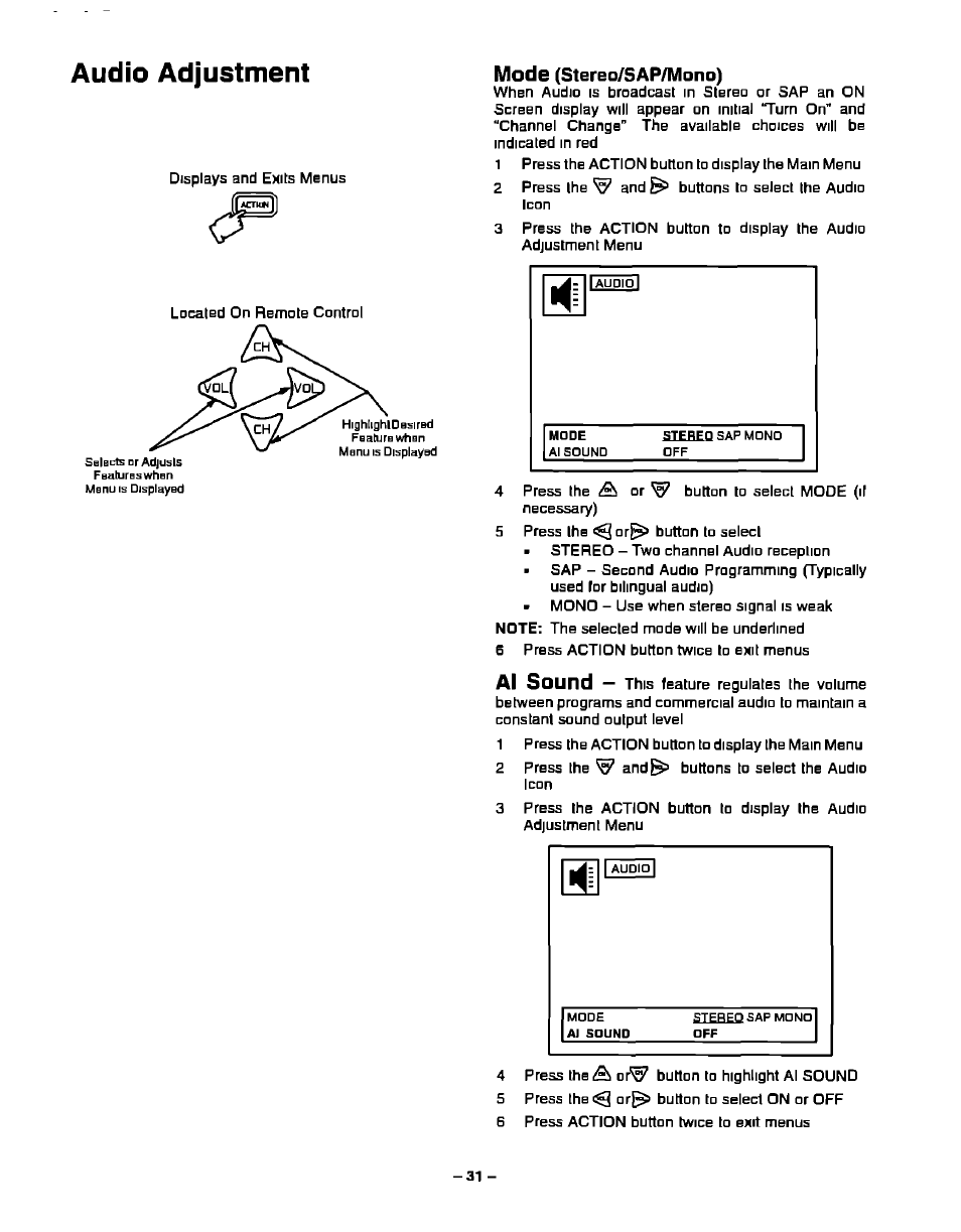 Mode (stereo/sap/mono), Mode, Al sound | Stereo/sap/mono) | Panasonic CT-27S20 User Manual | Page 31 / 40