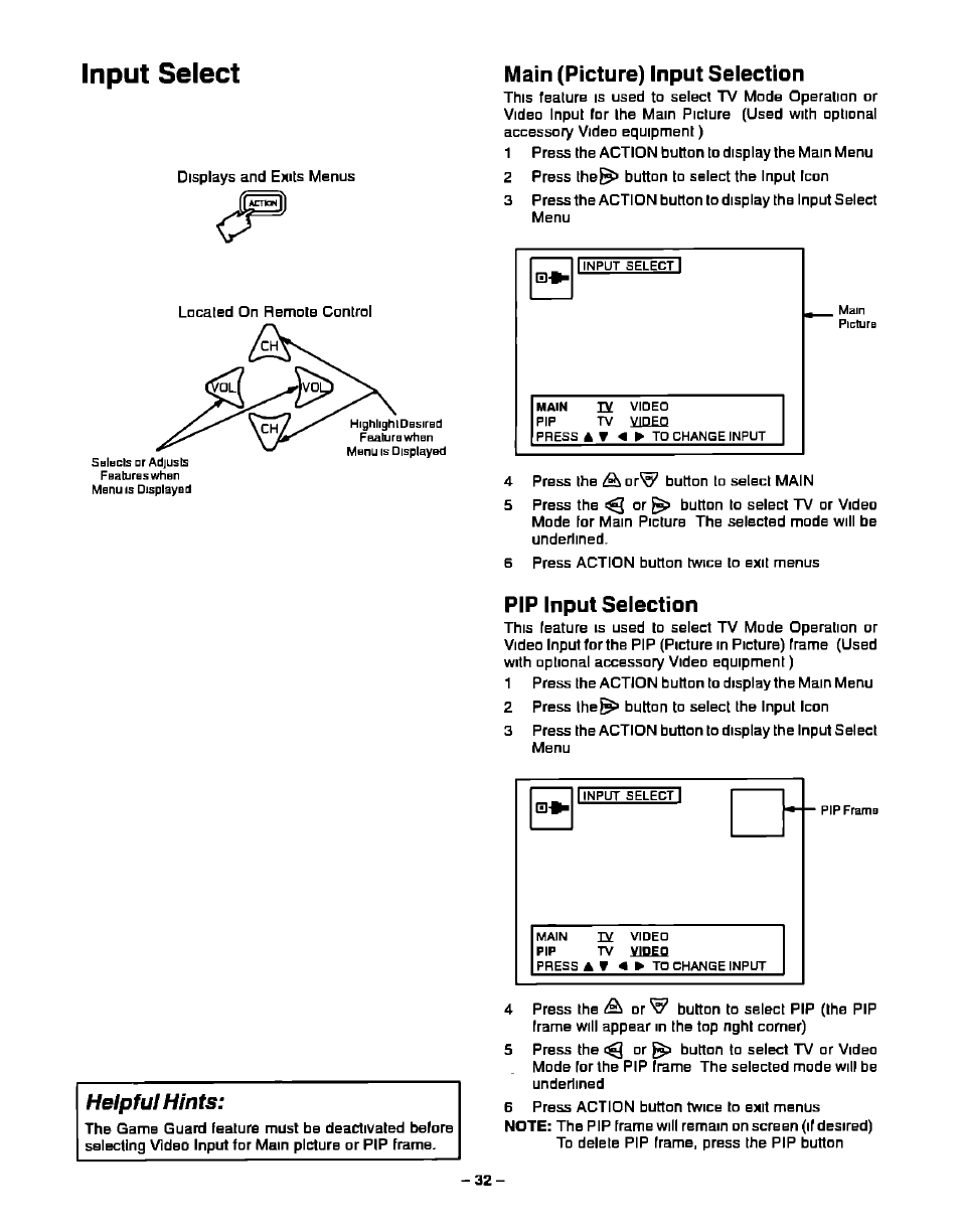 Main (picture) input selection, Pip input selection, Helpful hints | Panasonic CT-27S20 User Manual | Page 32 / 40