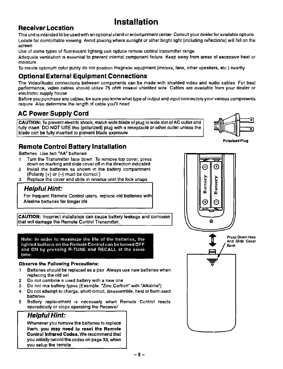 Installation, Receiver location, Optional external equipment connections | Ac power supply cord, Remote control battery installation, Instaiiation, Helpful hint | Panasonic CT-27S20 User Manual | Page 5 / 40