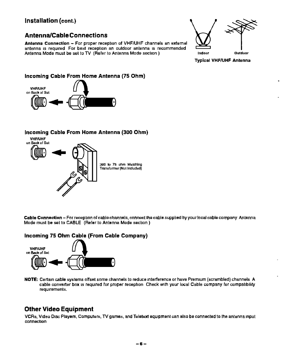 Installation (cont.), Antenna/cable connections, Incoming cable from home antenna (75 ohm) | Incoming cable from home antenna (300 ohm), Incoming 75 ohm cable (from cable company), Other video equipment, Installation | Panasonic CT-27S20 User Manual | Page 6 / 40