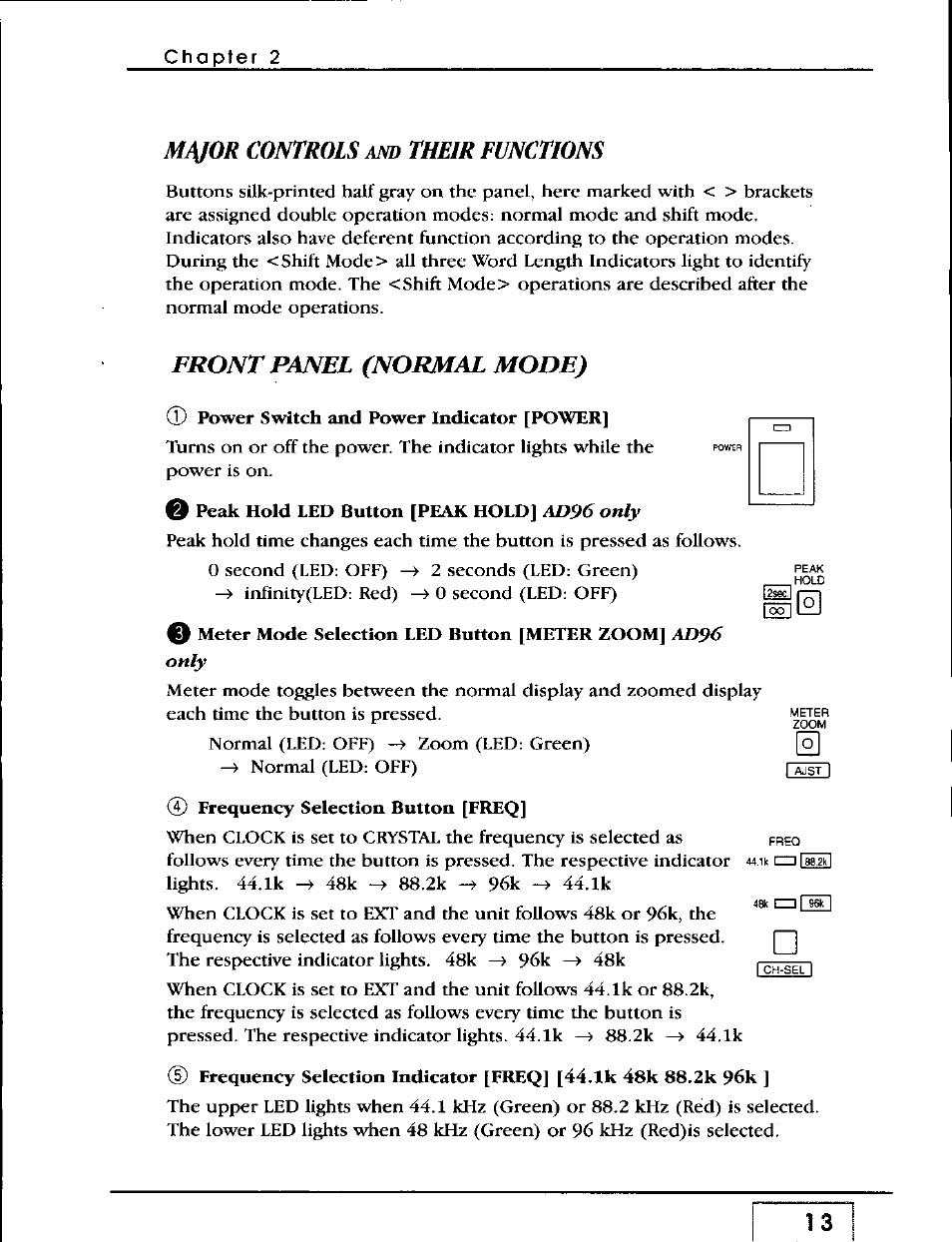 Mjijor controls and their functions, Front panel (normal mode), Major controls and their functions | Panasonic WZ-AD96 User Manual | Page 12 / 50