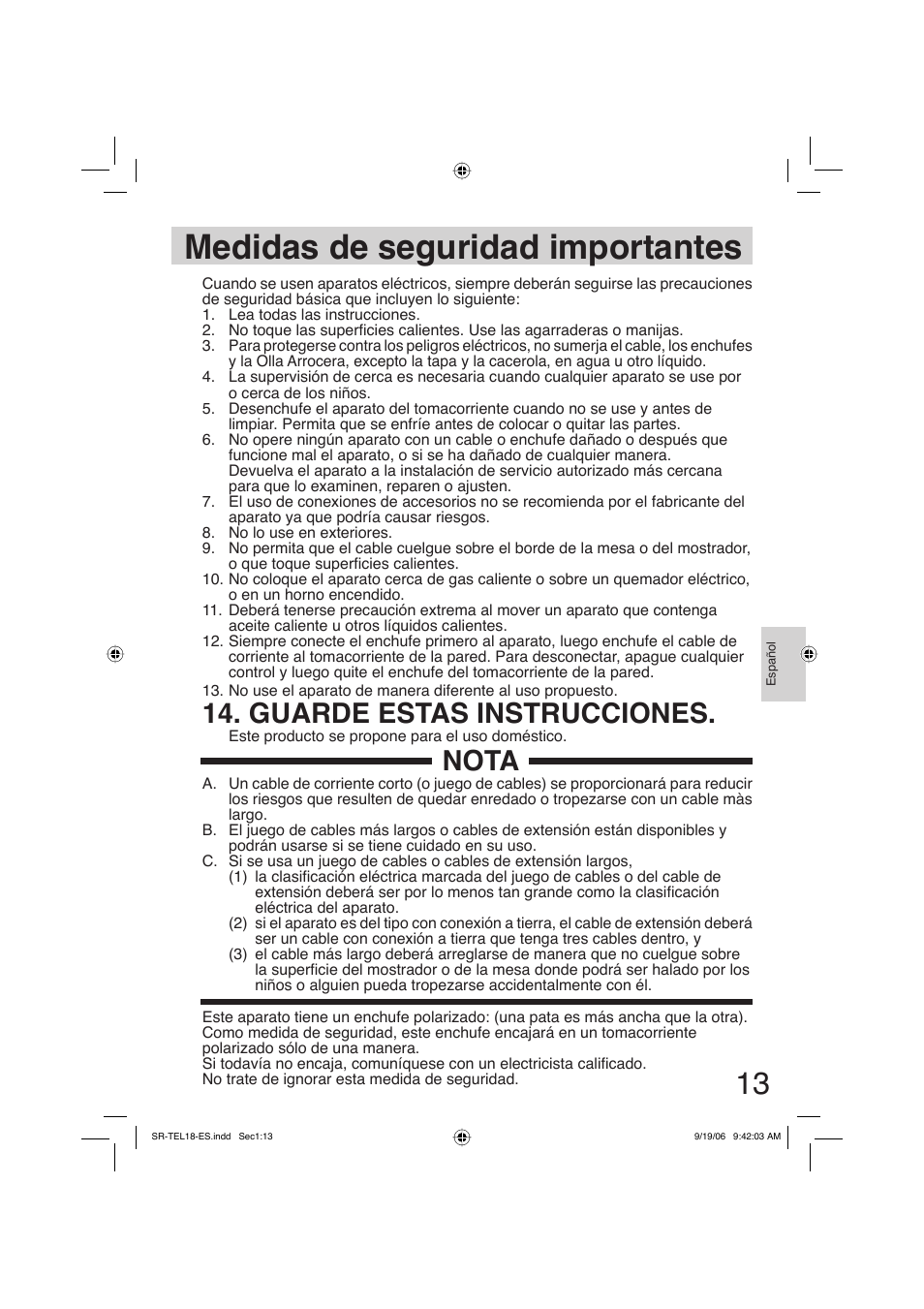 Medidas de seguridad importantes, Guarde estas instrucciones, Nota | Panasonic SR-TEL18 User Manual | Page 13 / 24