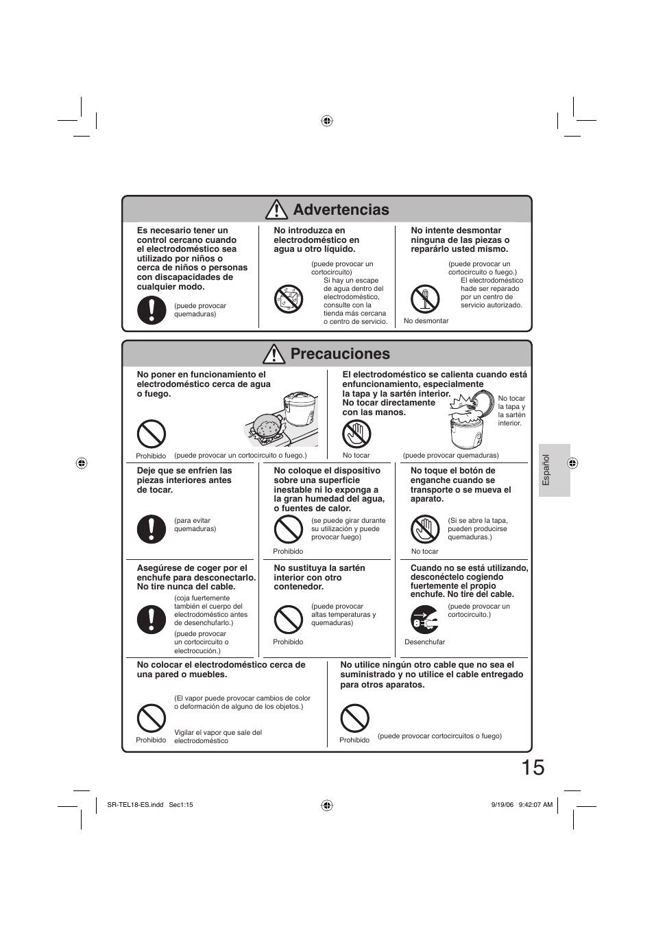 Advertencias, Precauciones | Panasonic SR-TEL18 User Manual | Page 15 / 24