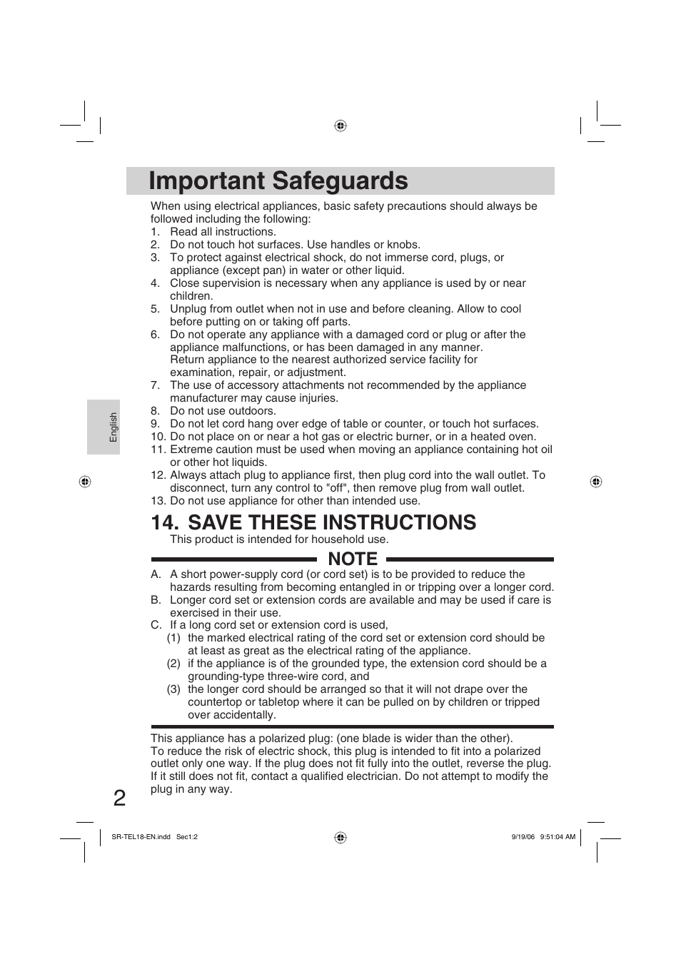 Important safeguards, Save these instructions | Panasonic SR-TEL18 User Manual | Page 2 / 24