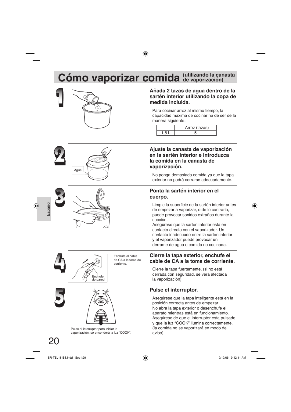 Como vaporizar comida, Cómo vaporizar comida | Panasonic SR-TEL18 User Manual | Page 20 / 24