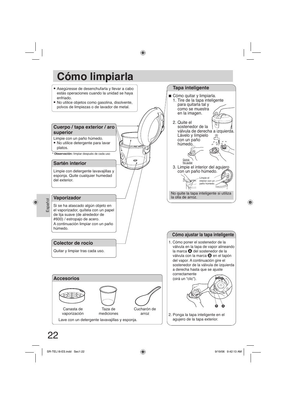 Como limpiarla, Cómo limpiarla | Panasonic SR-TEL18 User Manual | Page 22 / 24