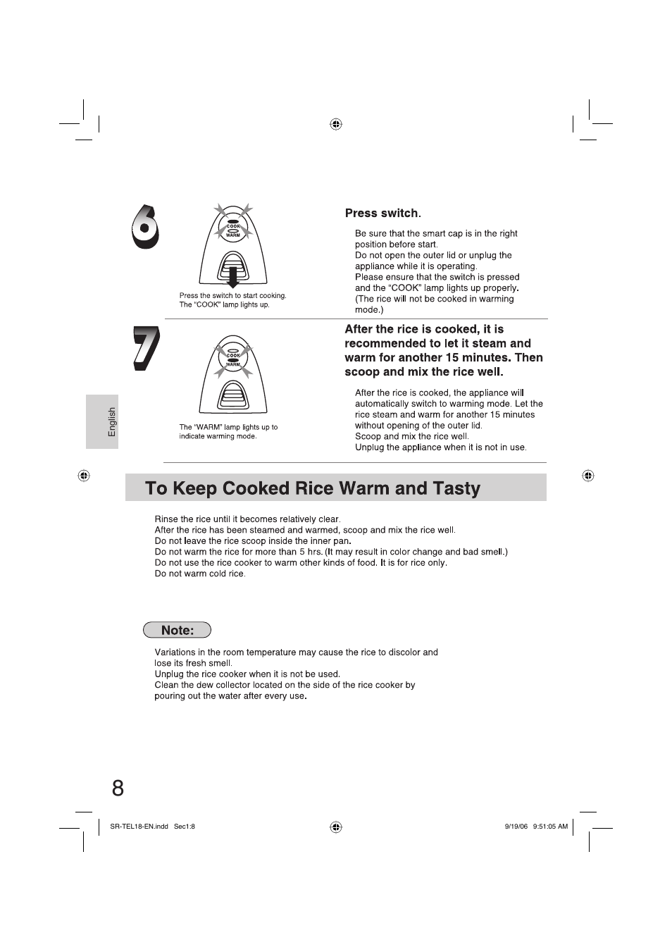 To keep cooked rice warm and tasty | Panasonic SR-TEL18 User Manual | Page 8 / 24