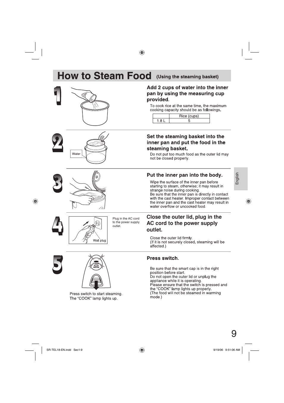 How to steam food | Panasonic SR-TEL18 User Manual | Page 9 / 24