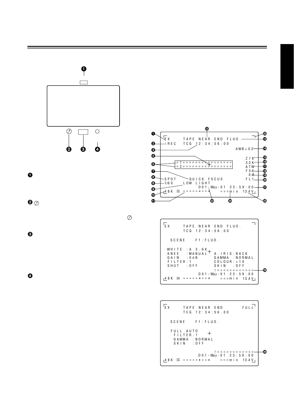Viewfinder displays, English, 16 (e) | Rec (record) lamp, Batt (battery) lamp, Irregular operation status warning) lamp, Vtr save (vtr power-saving) lamp | Panasonic AG-DVC 200E User Manual | Page 17 / 44