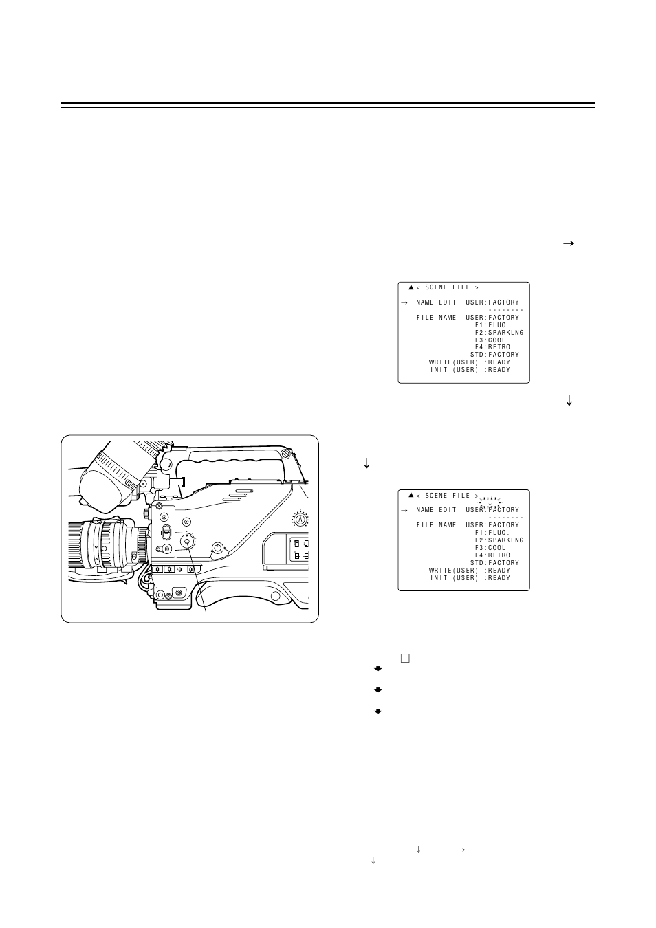 Scene files, 23 (e), Example: user file) | Rotate the jog dial button to move, When the jog dial button is pressed, the, Press the jog dial button to enter the character | Panasonic AG-DVC 200E User Manual | Page 24 / 44