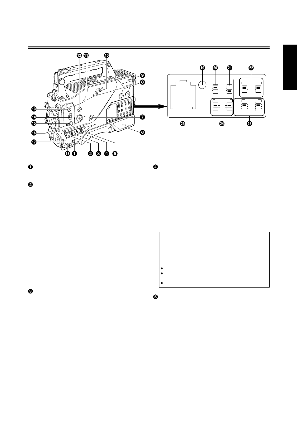 Parts and their functions, English, 6 (e) | Power switch, Output/auto knee selector switch, Gain selector switch, Vtr stby/save (tape protection) switch | Panasonic AG-DVC 200E User Manual | Page 7 / 44