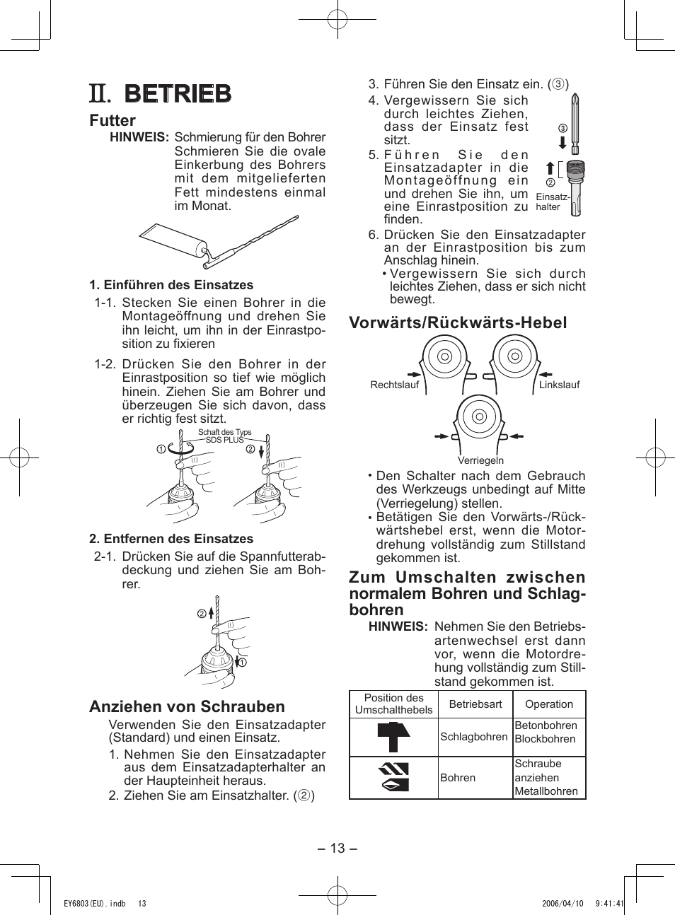 Betrieb, Futter, Anziehen von schrauben | Vorwärts/rückwärts-hebel | Panasonic EY6803 User Manual | Page 13 / 100