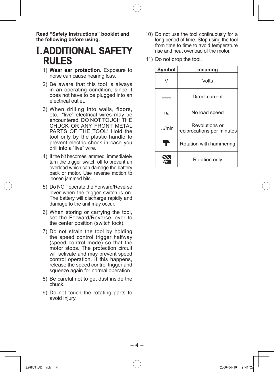 Additional safety rules | Panasonic EY6803 User Manual | Page 4 / 100