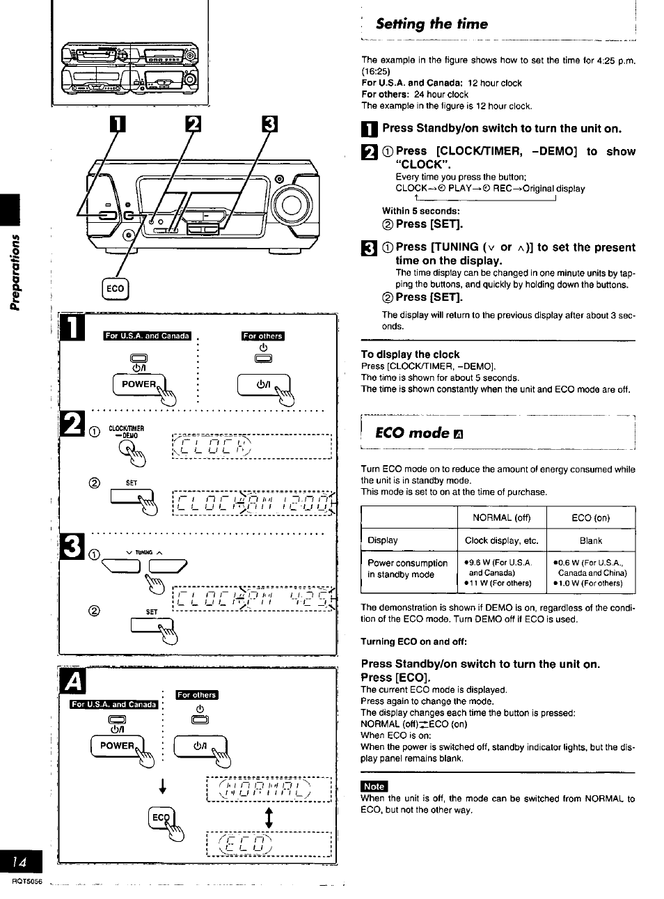 Press standby/on switch to turn the unit on, Press [clock/timer, -demo] to show “clock, Cg) press [set | Press [eco, Setting the time, Eco mocfe q | Panasonic SC-DV100 User Manual | Page 14 / 68