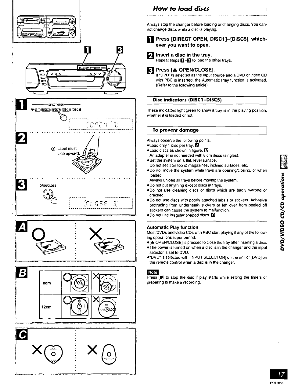 Insert a disc in the tray, Q press open/close, Disc indicators (disci-discs) | Panasonic SC-DV100 User Manual | Page 17 / 68