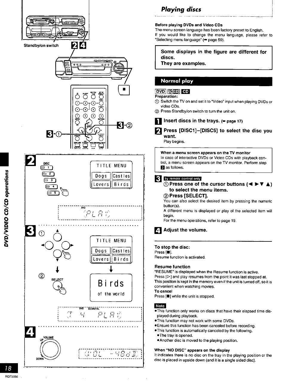 Bi rds, They are examples, Normal play | Press [select, Adjust the volume, O o o o, Playing discs | Panasonic SC-DV100 User Manual | Page 18 / 68