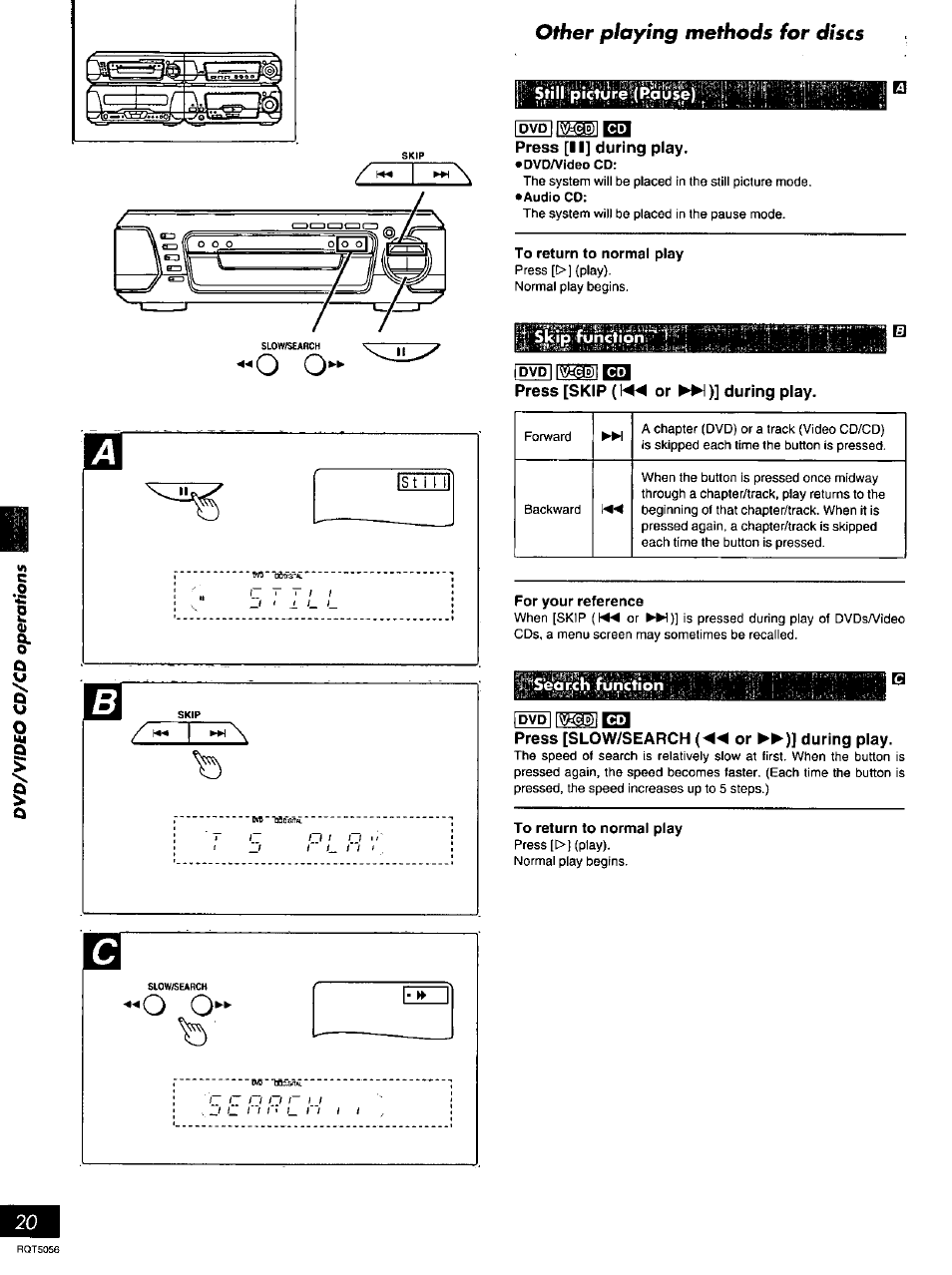 Press [ii] during play, Press [skip (!◄◄ or ►►!)] during play, Press [slow/search (◄◄ or ►►)] during play | O o*’*’ other playing methods for discs | Panasonic SC-DV100 User Manual | Page 20 / 68