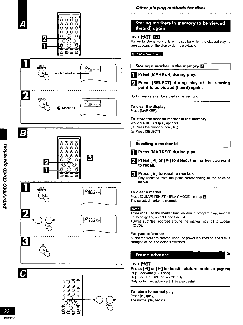 O "s, Press [marker] during play, Press [a] to recall a marker | Frame advance, Byd][msl, Os’ b | Panasonic SC-DV100 User Manual | Page 22 / 68