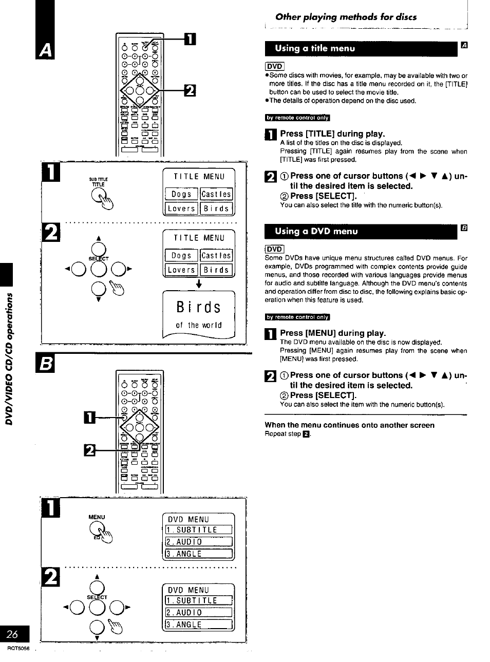Using a title menu, Press [title] during play, Press [selectl | Using a dvd menu, Press [menu] during play, Press [select | Panasonic SC-DV100 User Manual | Page 26 / 68