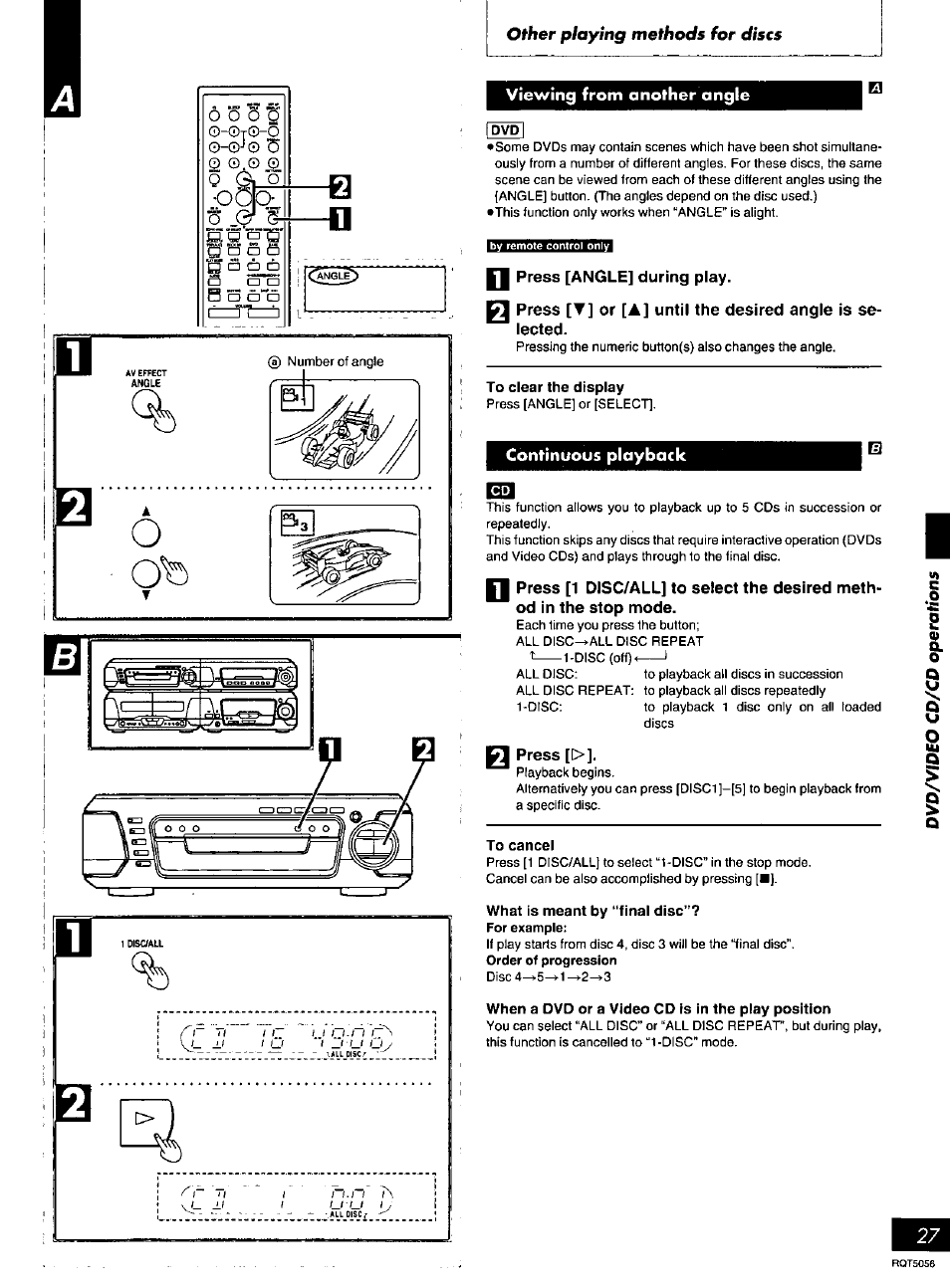 Viewing from another angle, Press [angle] during play, Continuous playback | Press | Panasonic SC-DV100 User Manual | Page 27 / 68