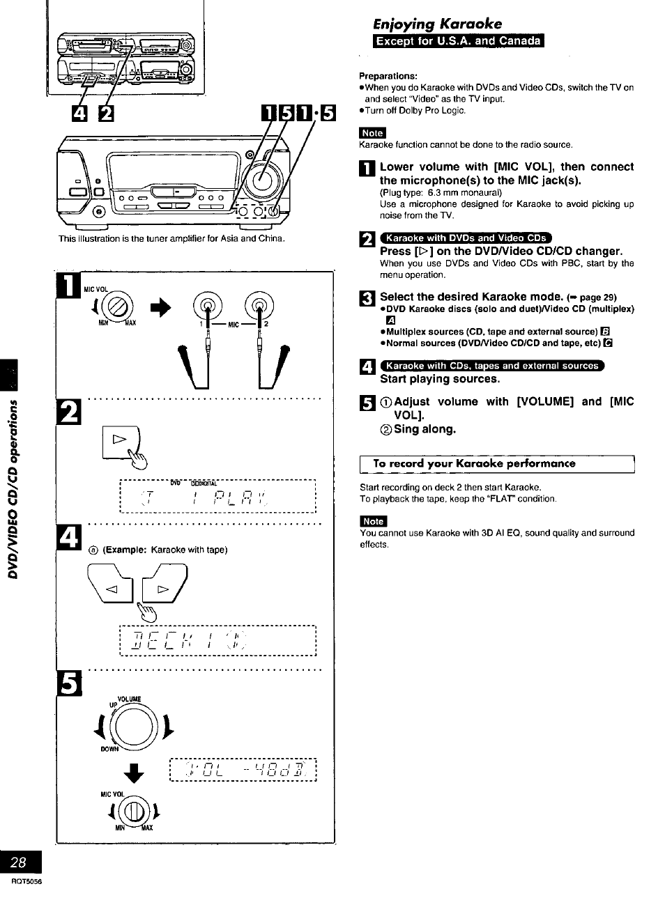 Enjoying karaoke, Except for u.s.a. and canada, Press [d>] on the dvda/ideo cd/cd changer | Start playing sources, 0 adjust volume with [volume] and [mic vol, 0sing along, For u.s.a. and canada pc | Panasonic SC-DV100 User Manual | Page 28 / 68