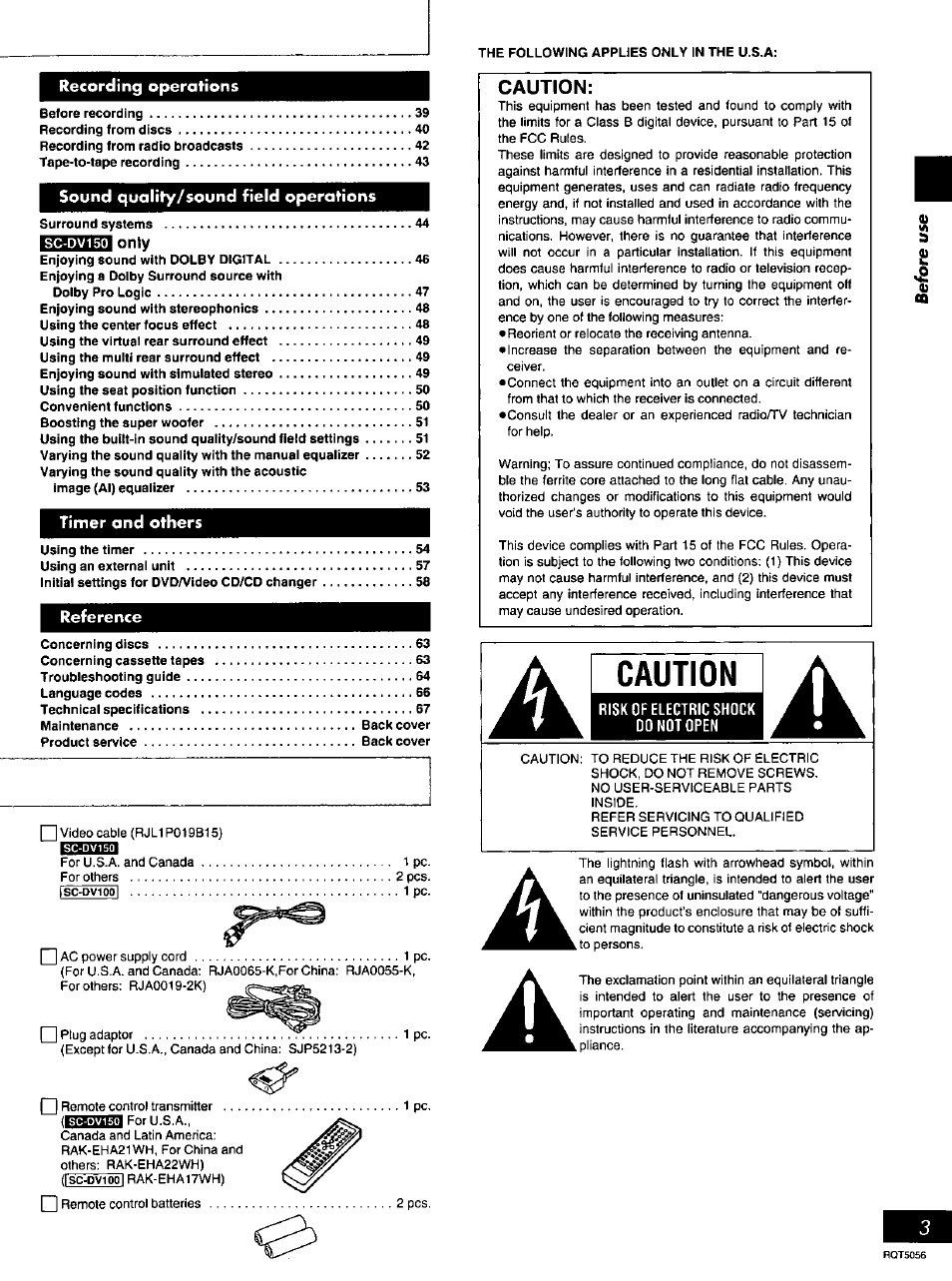 Recording operations, Caution | Panasonic SC-DV100 User Manual | Page 3 / 68