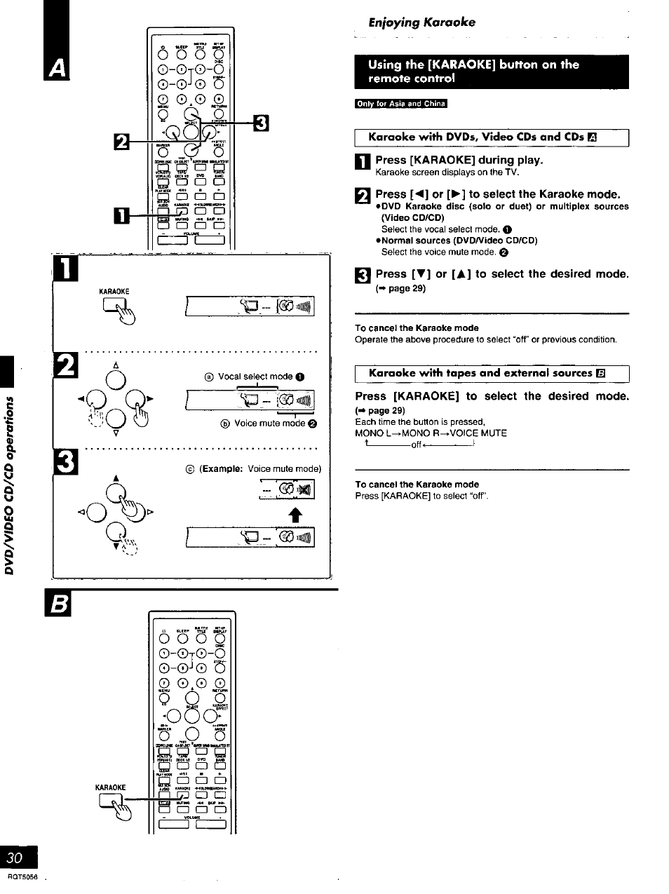©j® "5, Using the [karaoke] button on the remote control, Press [karaoke] during play | Press [t] or [a] to select the desired mode, Press [karaoke] to select the desired mode, Jisr, O o o o, O j3r o | Panasonic SC-DV100 User Manual | Page 30 / 68