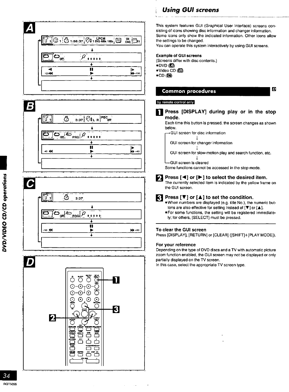 Common procedures, Press [display] during play or in the stop mode, Press [◄] or [►] to select the desired item | Press [▼] or [a] to set the condition | Panasonic SC-DV100 User Manual | Page 34 / 68