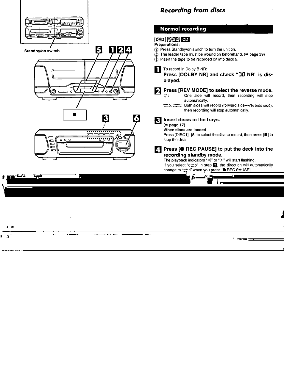 Recording from discs, Normal recording, Press [dolby nr] and check played | Press [rev mode] to select the reverse mode, Insert discs in the trays | Panasonic SC-DV100 User Manual | Page 40 / 68