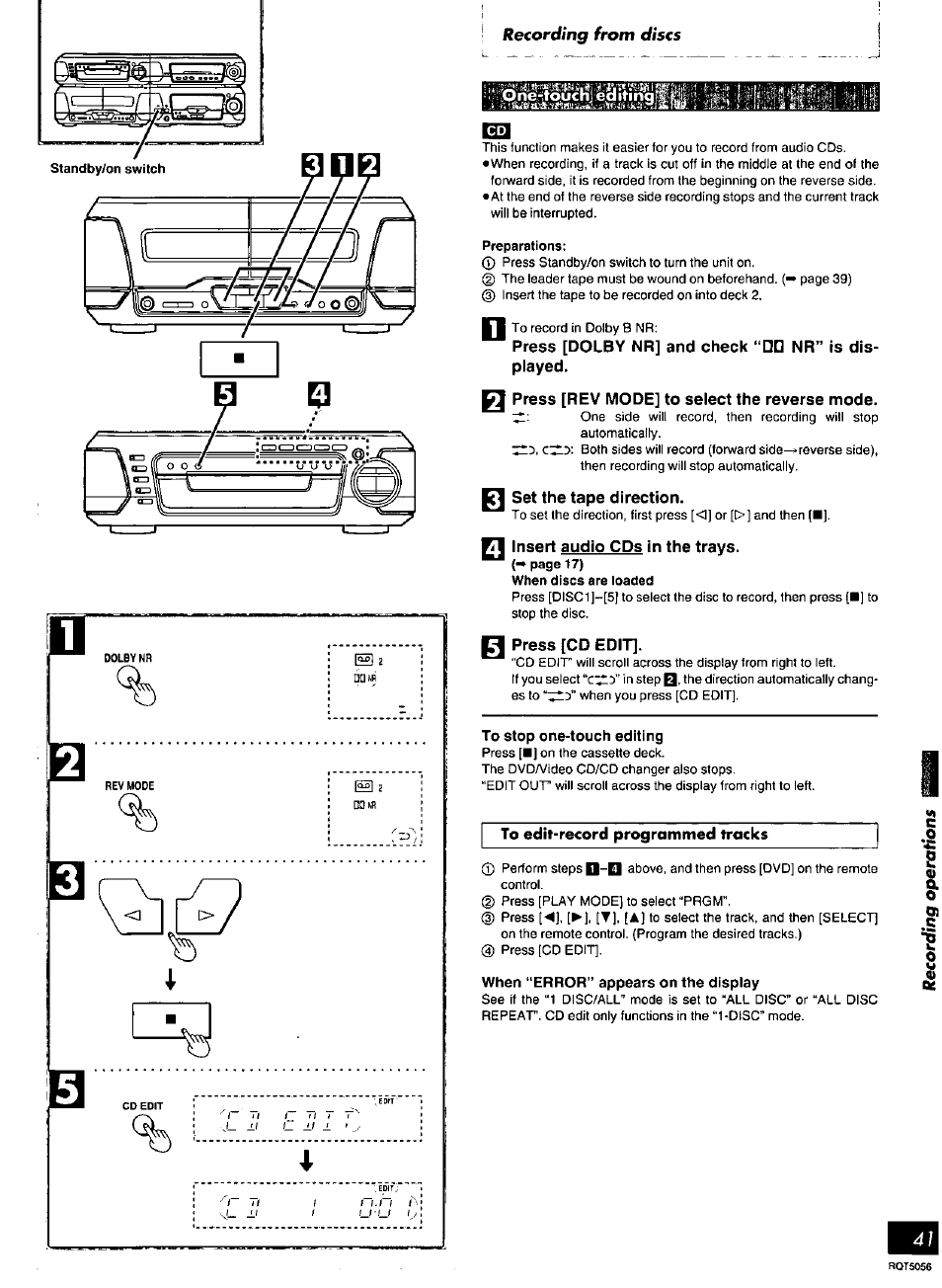 Recording from discs, Press [dolby nr] and check nr*’ is displayed, Press [rev mode] to select the reverse mode | Set the tape direction, Insert audio cds in the trays, Press [cd edit | Panasonic SC-DV100 User Manual | Page 41 / 68