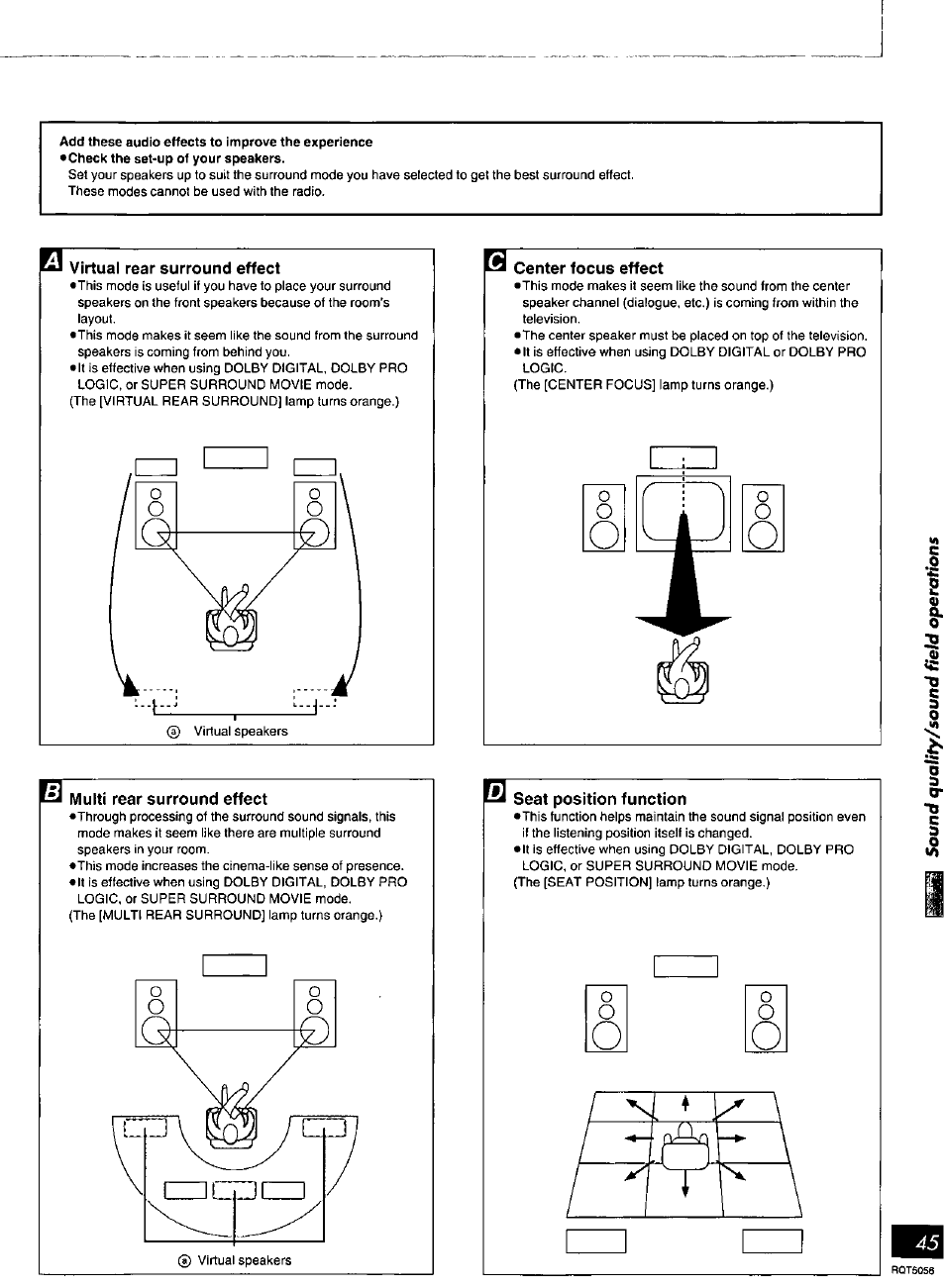 Virtual rear surround effect, Center focus effect, Multi rear surround effect | Seat position function, Using the seat position function | Panasonic SC-DV100 User Manual | Page 45 / 68