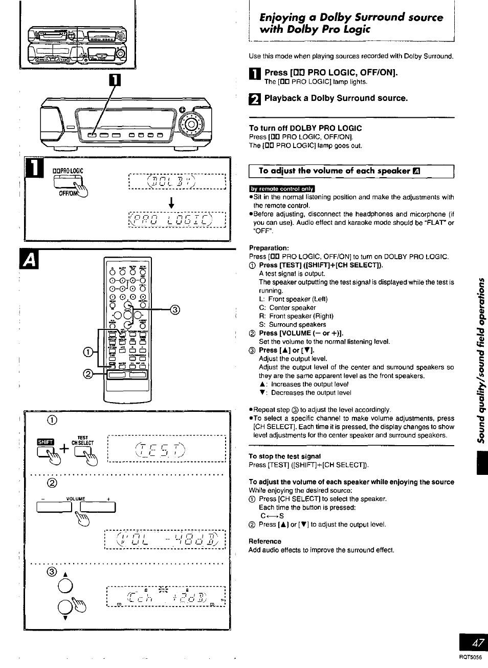 Press [do pro logic, off/on, Playback a dolby surround source, N „0* 5 | Panasonic SC-DV100 User Manual | Page 47 / 68