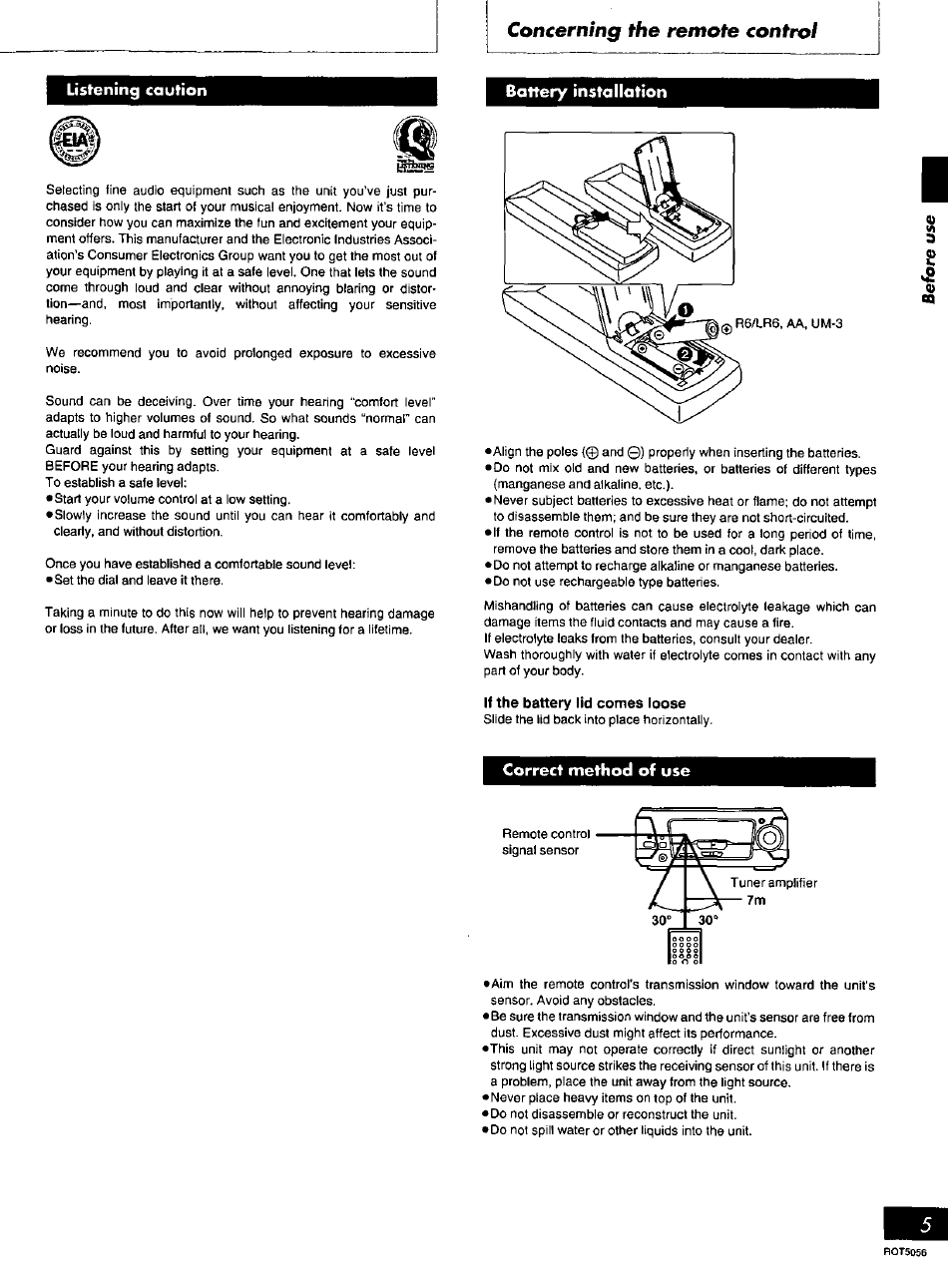 Concerning the remote control, Battery installation, Correct method of use | Panasonic SC-DV100 User Manual | Page 5 / 68
