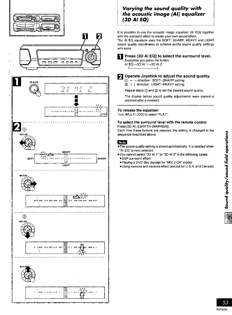 Press [3d al eq] to select the surround level, Operate joystick to adjust the sound quality, Varying the sound quality with the acoustic | Image (al) equalizer | Panasonic SC-DV100 User Manual | Page 53 / 68