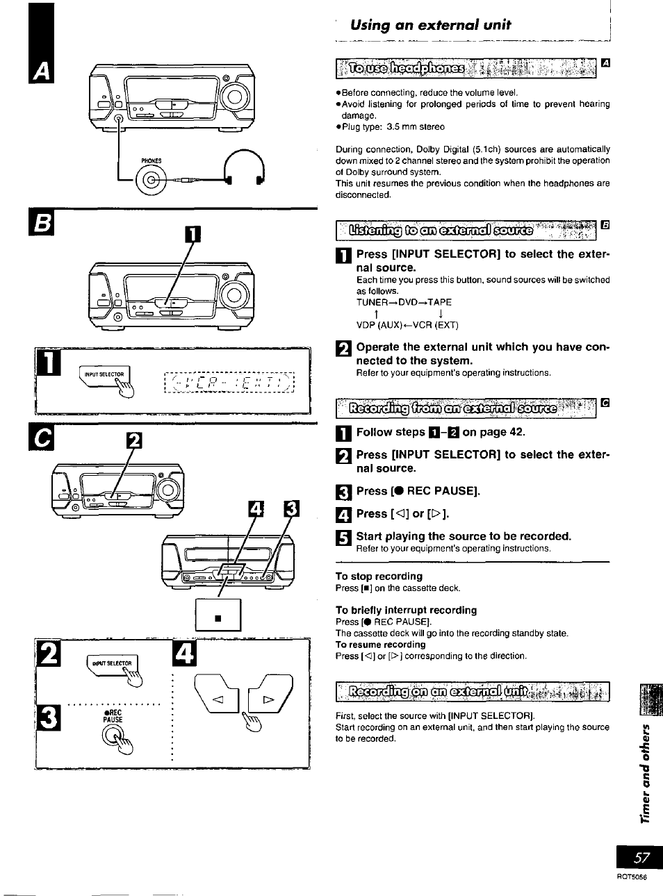Using an external unit, Press [• rec pause, 5^ press [o] or [t | Q start playing the source to be recorded | Panasonic SC-DV100 User Manual | Page 57 / 68