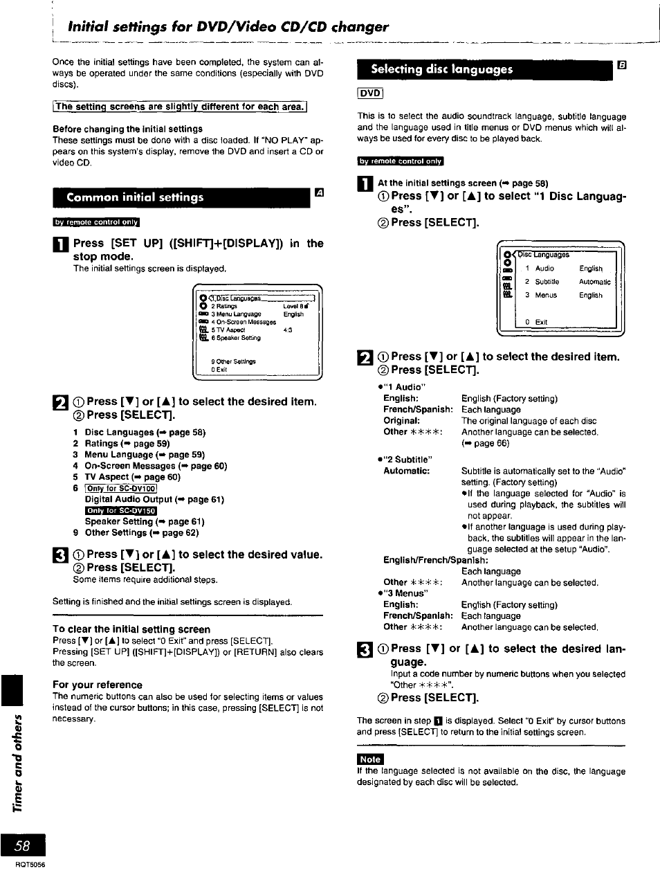 Initial settings for ovd/video co/cd changer, Initial settings for dvd/video cd/cd changer | Panasonic SC-DV100 User Manual | Page 58 / 68