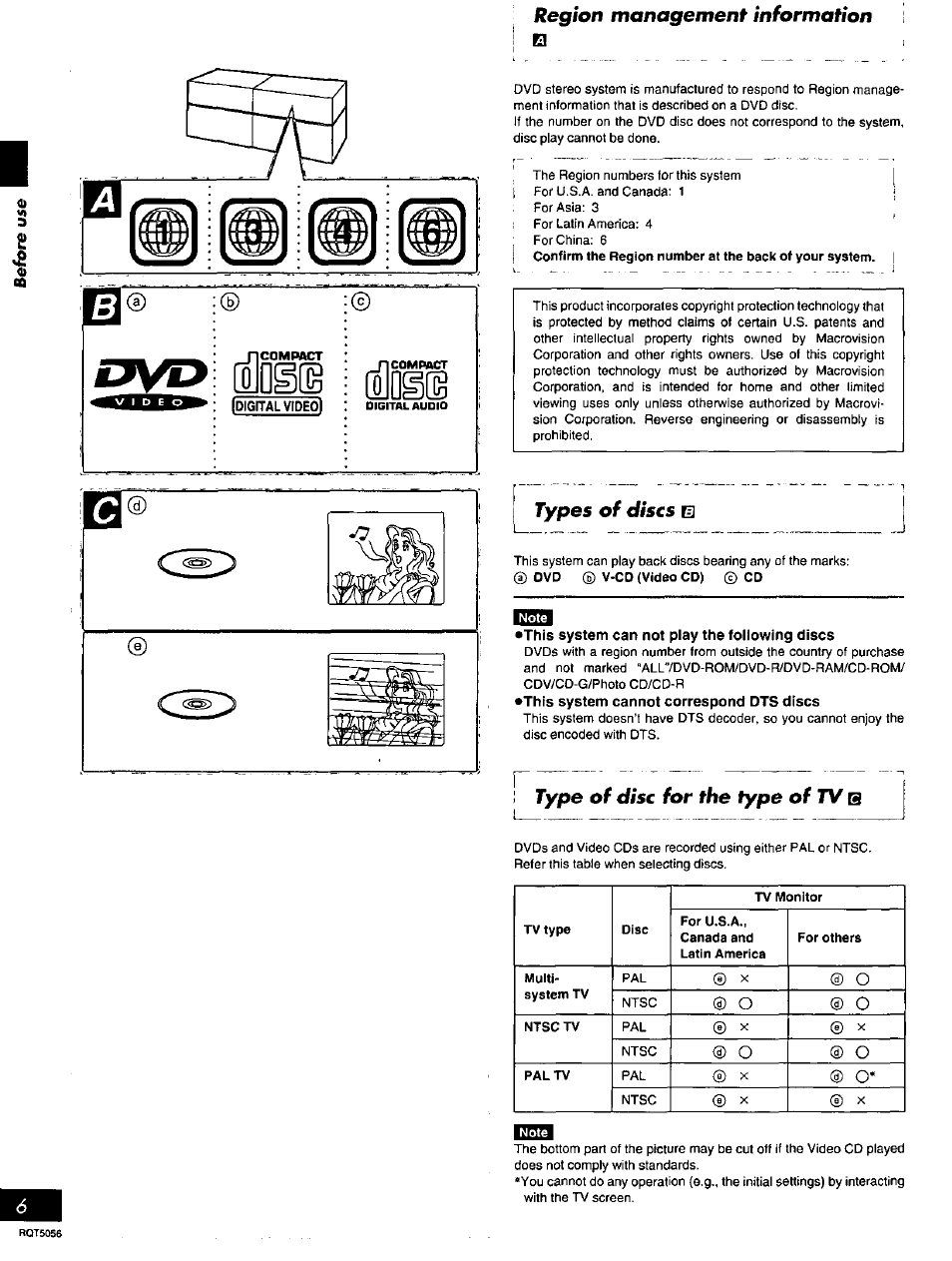 Region management information, Types of discs m, Type of disc for the type of tv b | Types of discs type of disc for the type of tv, O® o, Types of discs m j, Type of disc for the type of tv | Panasonic SC-DV100 User Manual | Page 6 / 68