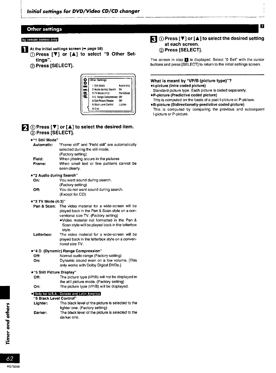 Other settings, Press [t] or [a] to select “9 other settings, Press [select | Initiai settings for dvd/video co/co changer | Panasonic SC-DV100 User Manual | Page 62 / 68