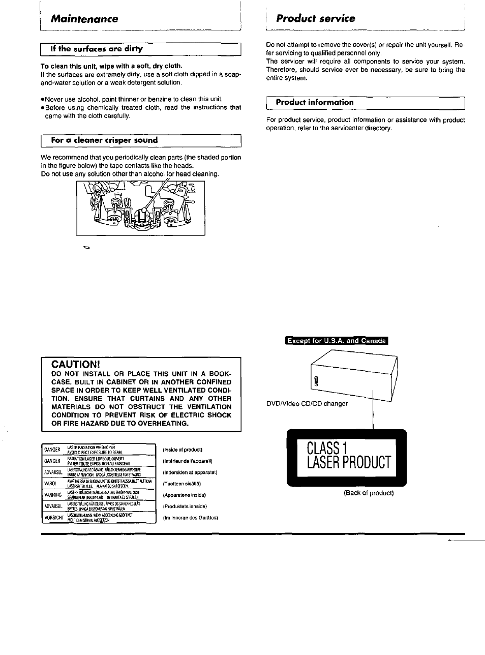 Product service, Niainfenance product service, Caution | If the surfaces are dirty, Product information, For a cleaner crisper sound | Panasonic SC-DV100 User Manual | Page 68 / 68