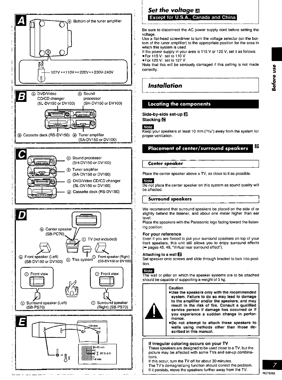 5ef the voltage b, Except for u.s.a., canada and china, Installation | Locating the components, Placement of center/surround speakers, Set the voltage | Panasonic SC-DV100 User Manual | Page 7 / 68